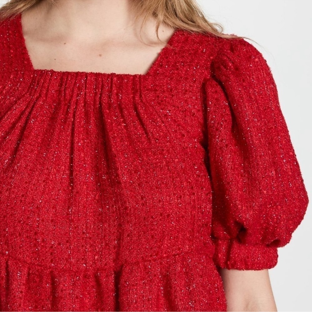 NWT Sister Jane Carina Red Tweed Mini Dress Size Medium Puff Sleeve Tiered - Picture 2 of 9